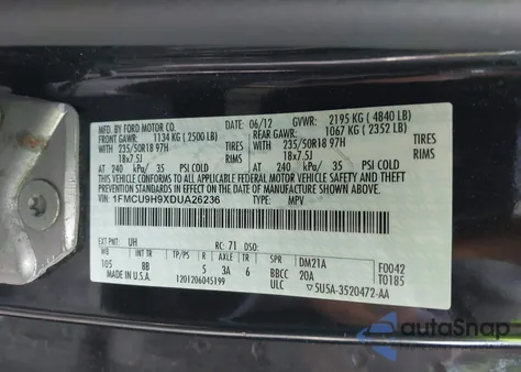 2013 Ford Escape Sel z USA, uszkodzony, nr VIN 1FMCU9H9XDUA26236